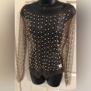 Brown‎ sheer nude skin tone pearl beaded rhinestone adorned top shirt size large